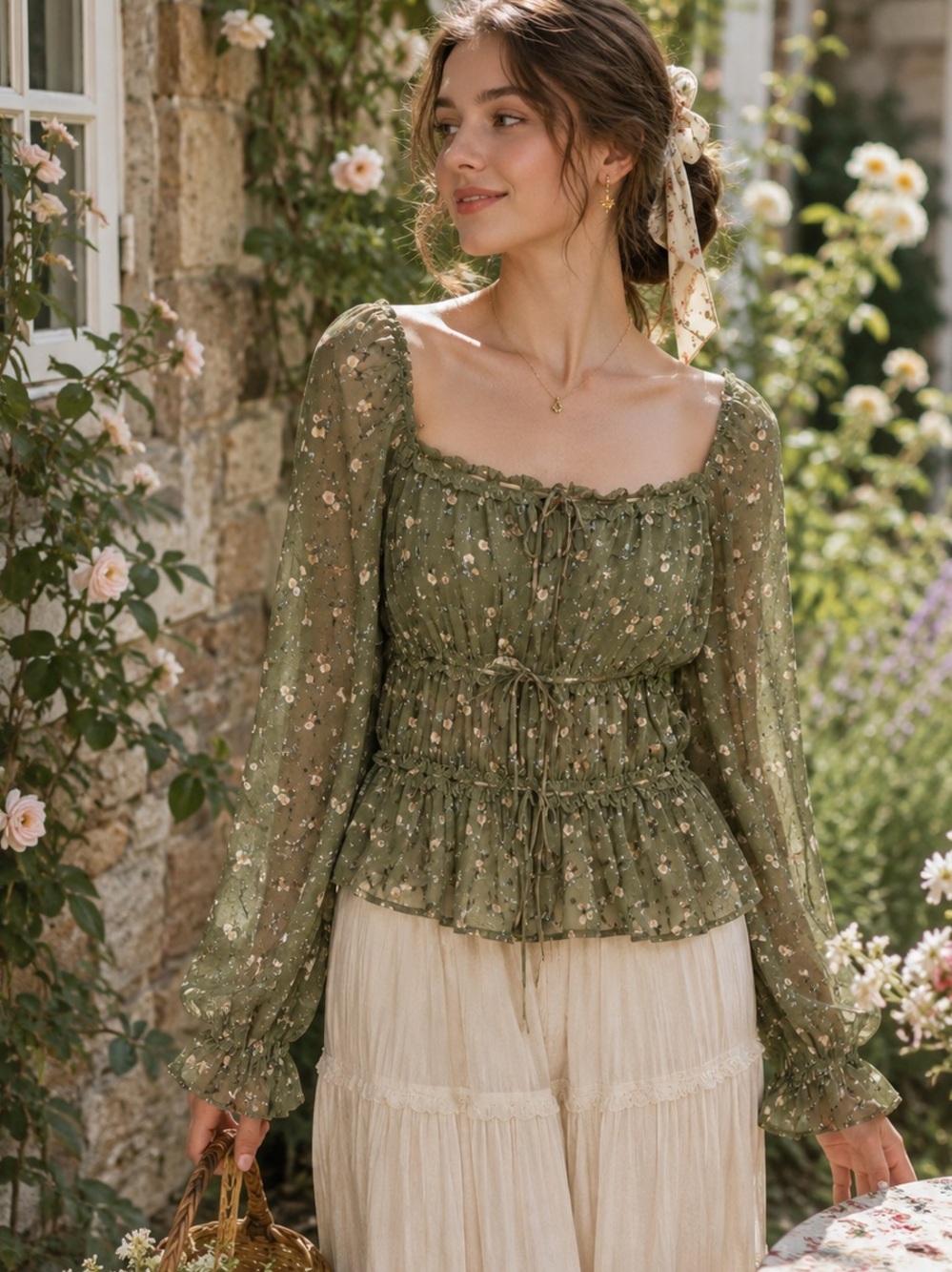 AND NOW THIS Boho Cottagecore Green Floral Chiffon On/Off the Shoulder Blouse XL